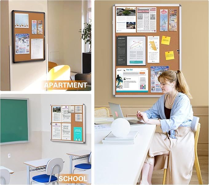 SWANCROWN Enclose Bulletin Board Case School Cork Noticeboards Cabinet with Locking Door and Keys,38x28 inch (9xA4)-DeskLoop Office