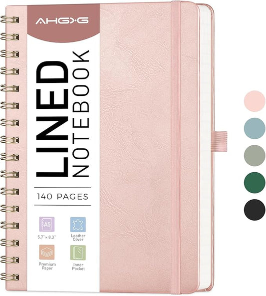 AHGXG Lined Spiral Notebook Journal for Women, Hardcover Leather Notebook College Ruled 140 Pages, A5 5.7" x 8.3", 100 GSM Thick Paper, Notebooks for School Work, Journals for Writing, Rose Gold-DeskLoop Office
