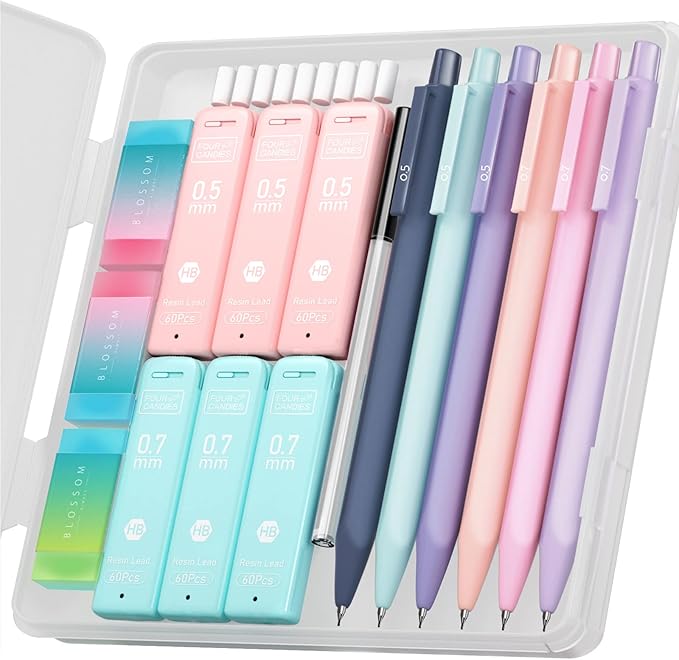 Four Candies Cute Mechanical Pencil Set, 6PCS Pastel Mechanical Pencils 0.5 & 0.7mm with 360PCS HB Leads, 3PCS Erasers and 9PCS Eraser Refills, Aesthetic School Supplies for Girls Writing-DeskLoop Office