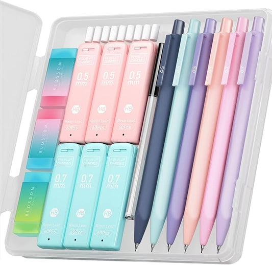 Four Candies Cute Mechanical Pencil Set, 6PCS Pastel Mechanical Pencils 0.5 & 0.7mm with 360PCS HB Leads, 3PCS Erasers and 9PCS Eraser Refills, Aesthetic School Supplies for Girls Writing-DeskLoop Office