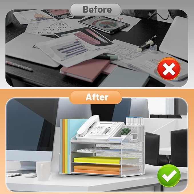 DocNest 4 Tier Paper Letter Tray File Organizer, Mesh Desk File with Handle, Workspace Desk Organizers with Pen Holder, Office Organization Storage Accessories - White-DeskLoop Office