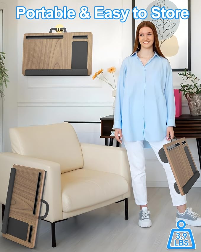 Laptop Lap Desk, Portable Large Laptop Desk for Bed, Up to 17 in Lap Table with Wrist Rest, Mouse Pad, Tablet Phone Slot, Portable Handle, Cushion (Dark Brown Woodgrain)-DeskLoop Office