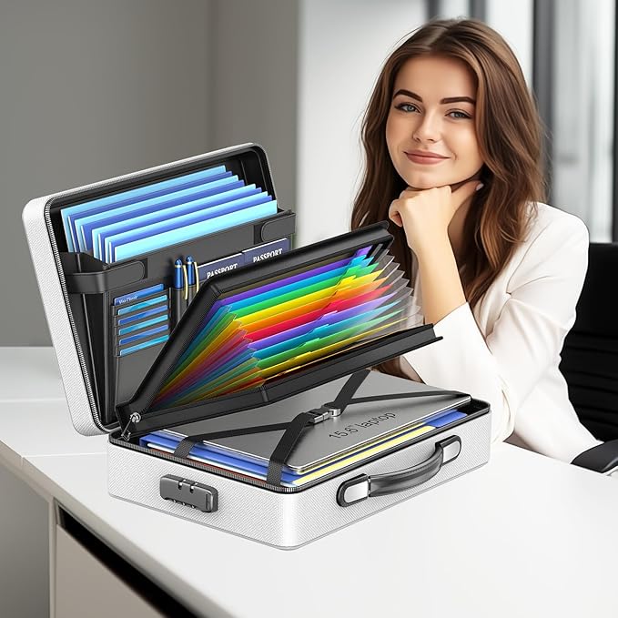 Fireproof Document Box with Fireproof Zipper, Hard Inner Shell Fireproof Document Bag with Lock, Fireproof Water Resistant Important Document Organizer 16 inch Laptop File Briefcase (Silver)-DeskLoop Office