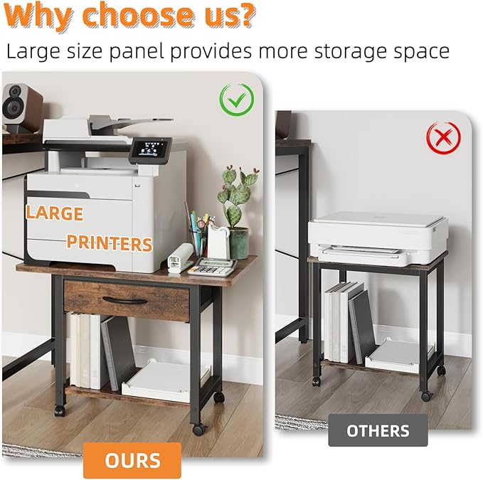 22"x15" Large Printer Stand with Storage Drawer, 2-Tier Under Desk Printer Table for Home Office, Printer Cart fit Fax Machine/3D Printer/Scanner(Brown)-DeskLoop Office