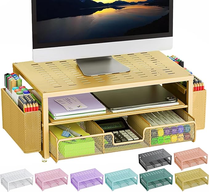 gianotter Desk Organizers and Accessories, Monitor Stand with Drawer and 2 Pen Holder, Desktop Organizer Suitable for Offices and Dormitories (Gold)-DeskLoop Office