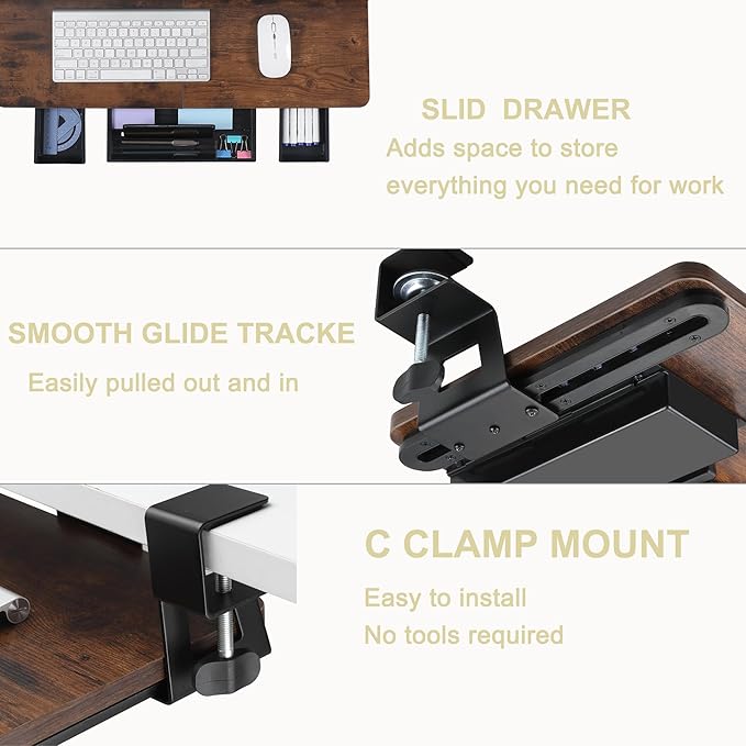 Keyboard Tray Under Desk with Drawer,26.77" X 11.81"Large Size Keyboard Tray with C Clamp-on Mount, Easy to Install, for Home Office (Mahogany)-DeskLoop Office