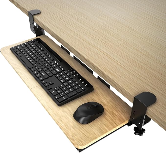 Ergonomic Keyboard Tray Under Desk Pull Out with Adjustable C-Clamp Mount, Slide-Out Computer Keyboard and Mouse Platform Drawer for Office and Home Typing (Light Wood)-DeskLoop Office