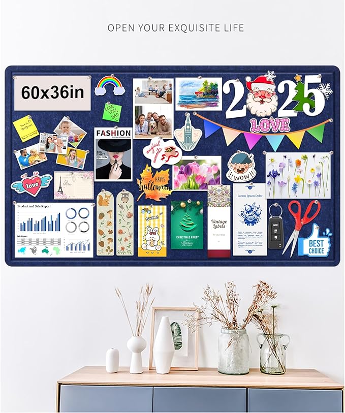 Large Bulletin Board, Foldable 60x36 Inches Cork Board Alternative, Large Felt Board Decorative Pin Board for Wall, Foldable Photo Board Self-Adhesive Vision Board with 36 Pushpins Dark Blue-DeskLoop Office