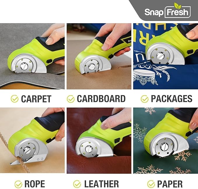 SnapFresh Cordless Electric Scissors, 4V Electric Mini Box Cutter, Carpet & Cardboard Cutter Tool with a Replacement Blade/Charger, Rotary Cutter for Cardboard Packages Leather Plastic (Green)-DeskLoop Office