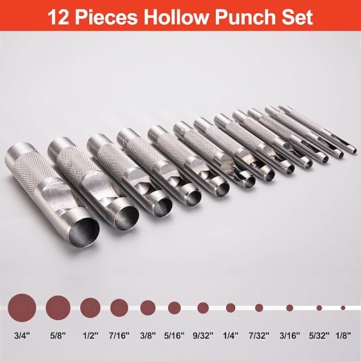 Spurtar 12 PCS Steel Hollow Leather Punch Set 1/8''-3/4'' Heavy Duty Round Hole - Image 8