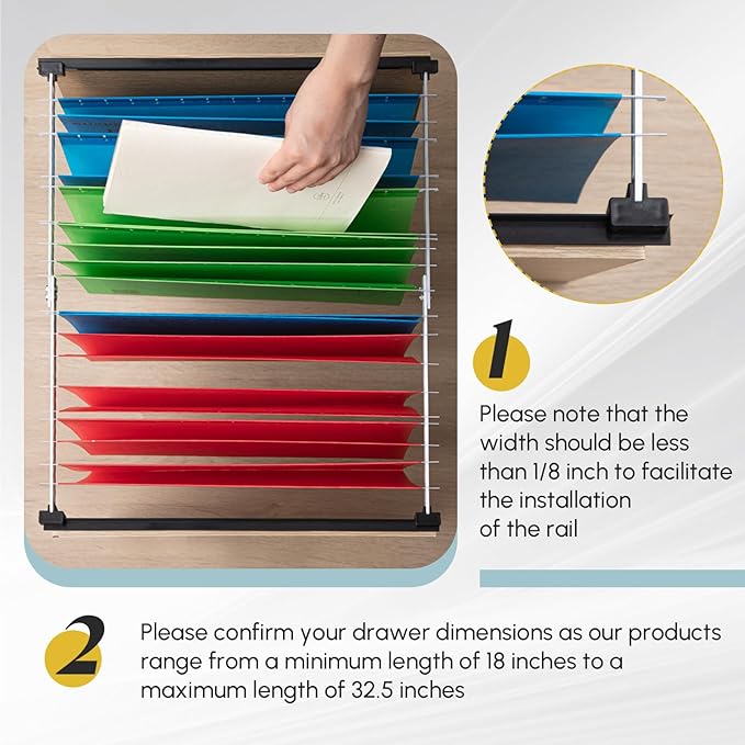 12 Pcs Metal Adjustable File Cabinet Rails Set Include 8 Hanging File Rail Clips 4 Cabinet Dividers Bars Suitable for Cabinets with Drawer Thickness Less Than 1/8 Inch(Silver,18-32.5 Inch)-DeskLoop Office