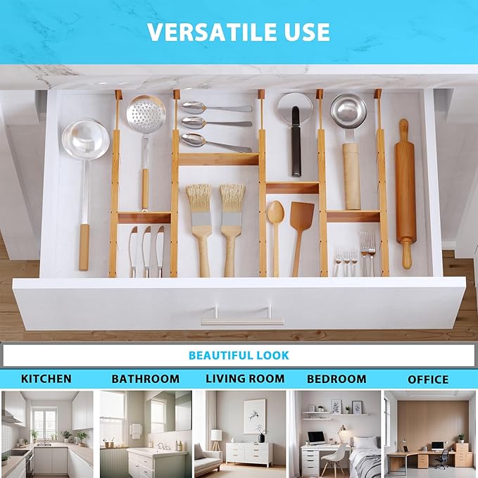 6 Pack Bamboo Drawer Dividers with 12 Inserts, Expandable Adjustable Clothes Drawer Organizers and Storage from 17" to 22" for Kitchen, Bedroom, Dresser, Cosmetics (Natural)-DeskLoop Office