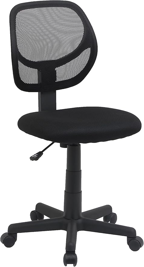 Amazon Basics Rolling Desk Chair, Adjustable, Low Back, Padded Seat, Breathable Mesh, Swivel, Black, 21.25" D x 22.5" W x 38" H-DeskLoop Office
