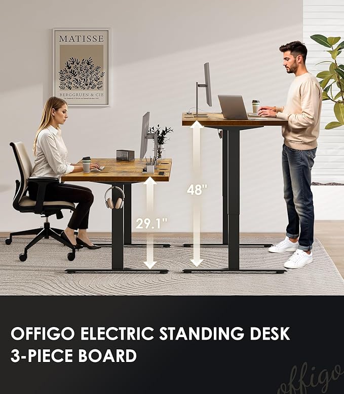 OffiGo Electric Standing Desk with 3-Piece Board, 71 Inch Height Adjustable Large Desk with Power Outlets, Sit Stand Table, Writing Computer Desk for Home, Office, Workstation, Rustic Brown-DeskLoop Office