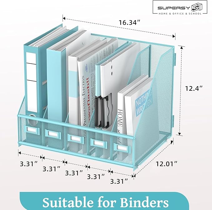 SUPEASY Desk Organizers Metal Desk Magazine File Holder with 5 Vertical Compartments Rack File Organizer for Office Desktop, Home Workspace, Blue Plus-DeskLoop Office