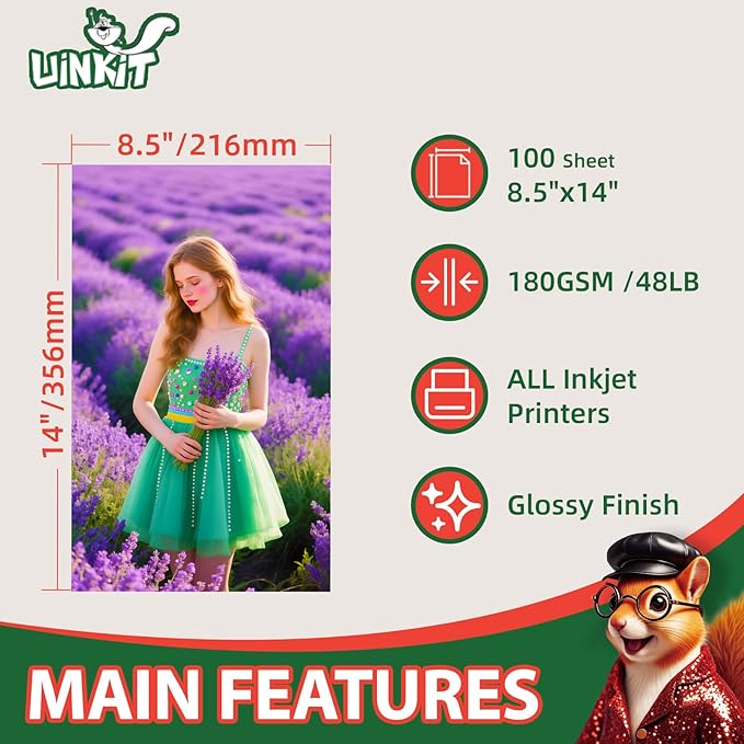 Uinkit Glossy Inkjet Photo Paper 8.5x14 Legal Size, 48lb 180gsm, 100 Sheets - Professional Photographic Quality, Compatible with Dye Ink Inkjet Printers, High-Gloss Finish for Vibrant Prints-DeskLoop Office