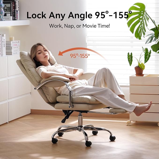 LEAGOO Office Chair with Foot Rest, Ergonomic Executive Office Chair with Arms, Reclining High Back PU Leather Comfy Swivel Computer Desk Chairs with Wheels and Lumbar Support for Home Office, Cream-DeskLoop Office