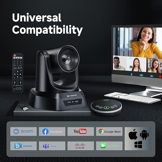 Wireless Conference Room Webcam, Church Live Streaming 20X USB 1080P 60fps PTZ Camera for Worship Services Online Conference, Works with Zoom, Skype OBS Easy to Set Up-DeskLoop Office