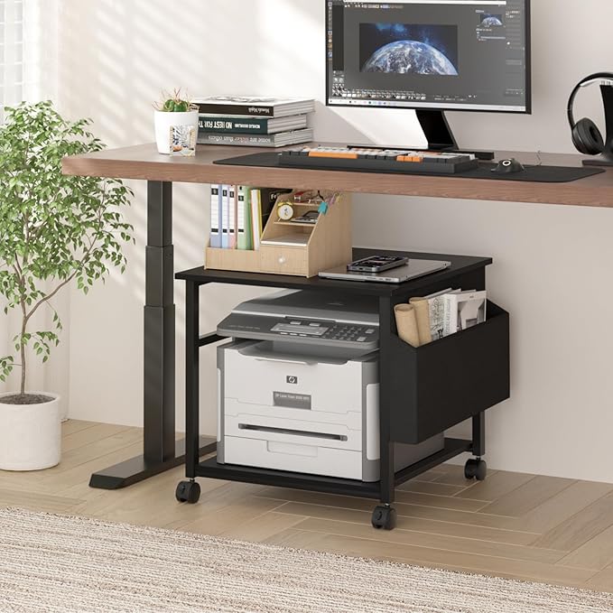 Lerliuo Large Printer Stand with Storage Shelf, 23.6 x 23.6 x 22.8 Industrial Printer Table for Home Office, Rolling Printer Cart Holder with Lockable Wheels, Mobile Mini Fridge Stand Table (Black)-DeskLoop Office