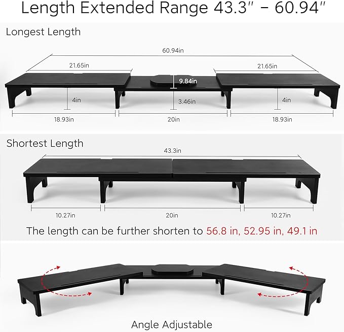 Nnewvante Monitor Stand Riser, Upgrade Height Large TV Riser, 60 inch Large Bamboo Dual Monitor Stand for Desk, 3 Shelves Desktop Screen Riser with Adjustable Length Angle for Computer Laptop Black-DeskLoop Office
