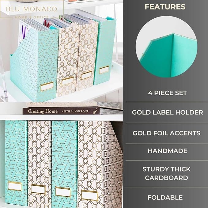 BLU MONACO Set of 4 Foldable Cute Magazine File Holders with Gold Label Holders – 2 Pink & 2 Aqua with Fun Gold Geometric Patterns – Stylish & Durable Magazine Storage for Home & Office-DeskLoop Office