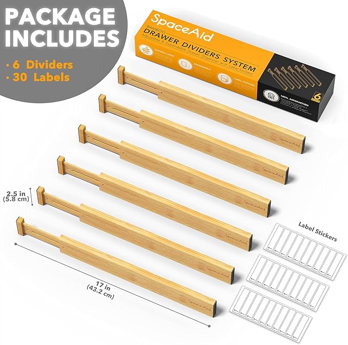 SpaceAid Bamboo Drawer Dividers with Labels, Kitchen Adjustable Drawer Organizers, Expandable Organization for Home, Office, Dressers and Bathroom, 6 Dividers (13.25-17 in)-DeskLoop Office