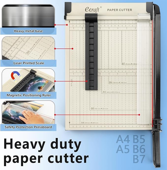 Ecraft 12" Guillotine Paper Cutter:Paper Trimmer Accurate Cutting with Safety Guard,15 Sheets Capacity,Magnetic Guide,Heavy Duty Metal Base, Perfect for Cardstock,Cardboard,Vinyl,Crafts & Photos-DeskLoop Office