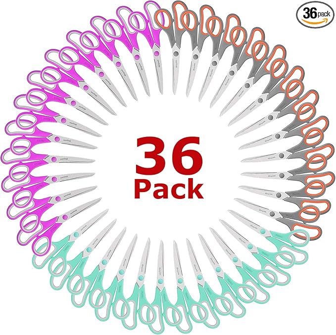 iBayam 8 '' Multipurpose Heavy Duty Scissors Bulk 36-Pack, 2.5mm Thickness Ultra Sharp Blade Shears with Comfort-Grip Handles for Household School Office Supplies, Right/Left Hand Tools-DeskLoop Office
