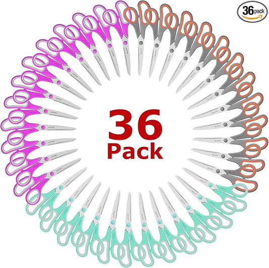 iBayam 8 '' Multipurpose Heavy Duty Scissors Bulk 36-Pack, 2.5mm Thickness Ultra Sharp Blade Shears with Comfort-Grip Handles for Household School Office Supplies, Right/Left Hand Tools-DeskLoop Office