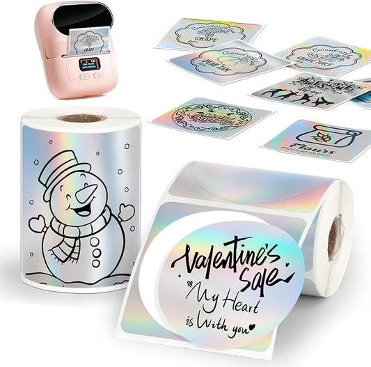 HuiJuKeJi 2 Rolls Holographic Silver Thermal Labels Paper for Phomemo M110 M200 M220 M221,50x50MM Round&Square,Waterproof Self-Adhesive Mini Printer Laser Stickers for DIY Glitter Labels/Thanks Card-DeskLoop Office