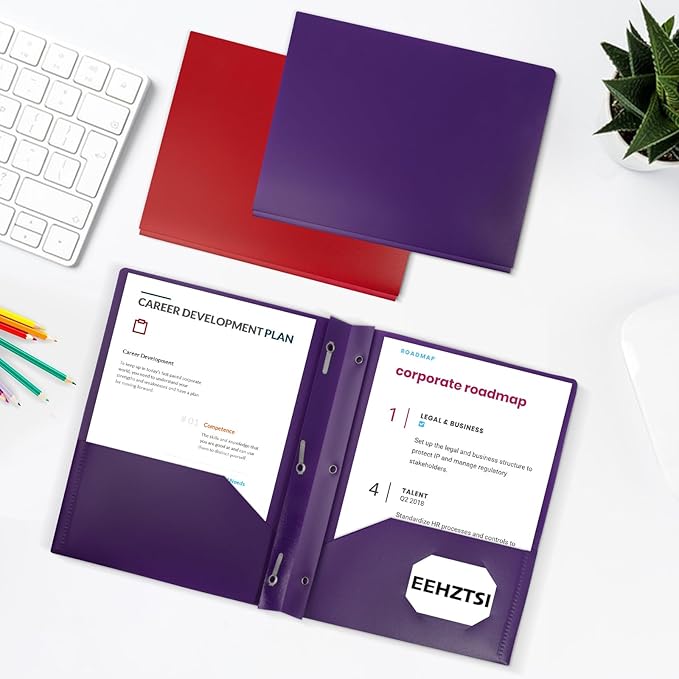 12-Pack Plastic Folders with Pockets and Prongs,2-Pocket Folders with 3 Fasteners, Poly Folders Holds 8-1/2" x 11" Paper for School/Office/Home, Purple