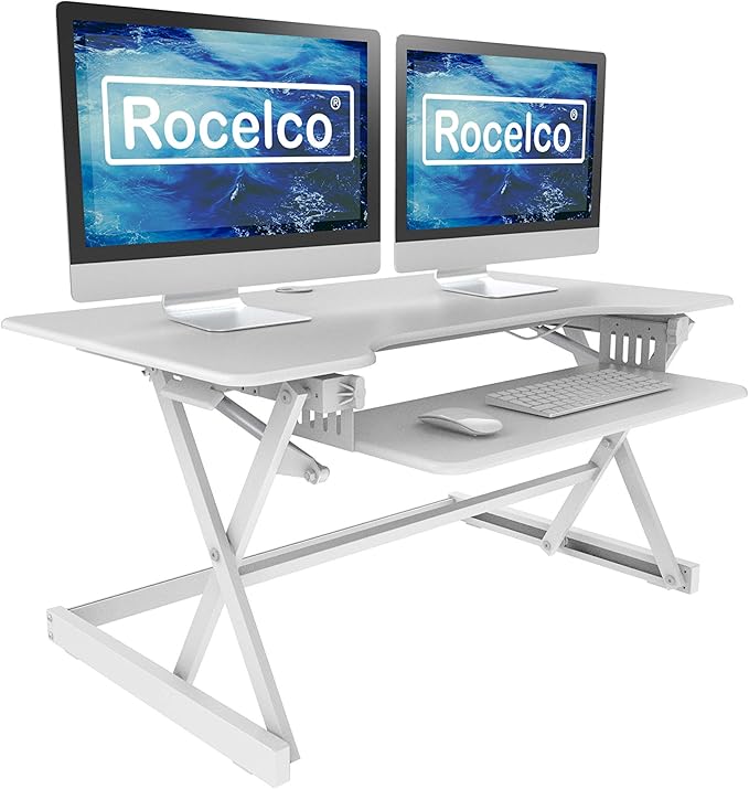 Rocelco 40" Large Height Adjustable Standing Desk Converter - Quick Sit Stand Up Dual Monitor Riser - Gas Spring Assist Computer Workstation - Retractable Keyboard Tray - White (R DADRW-40)-DeskLoop Office