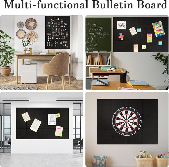 Large Cork Board Alternative, 12 Pack Felt Board with Safe Removable Adhesive Tabs Felt Wall Tiles, Large Cork Boards for Walls, Cork Board for Home Office, Pin Boards for Walls, Black-DeskLoop Office