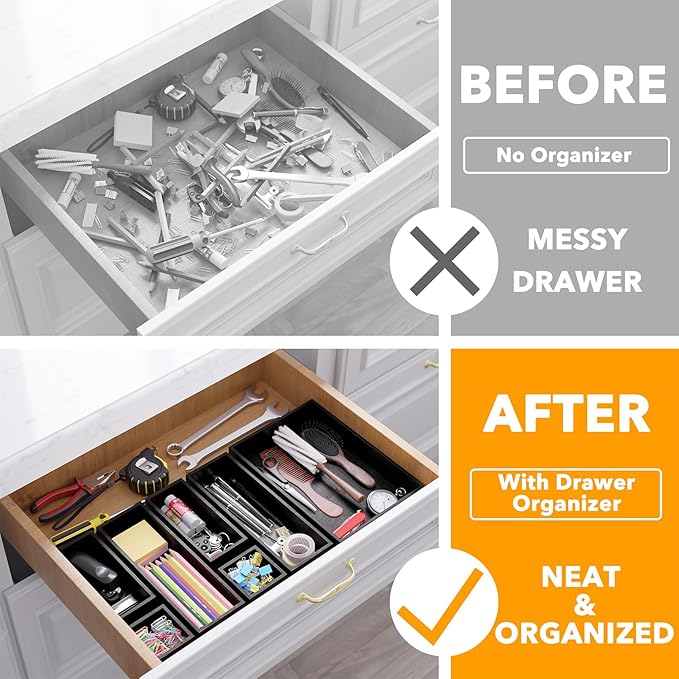 SpaceAid 7-Piece Bamboo Drawer Organizer Storage Boxes Set, Wood Tray Junk Drawer Organizers Multi-Use Divider Bins for Kitchen, Bathroom, Office Desk and Makeup Organization (7 Pack, Black)-DeskLoop Office