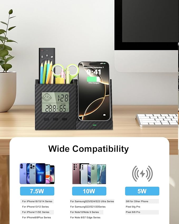 Multifunctional Pen Holder and Organizer for Desk with Wireless Charger, Digital Indoor Thermometer and Humidity Gauge, Home Office Organizers and Storage (Battery Included)-DeskLoop Office