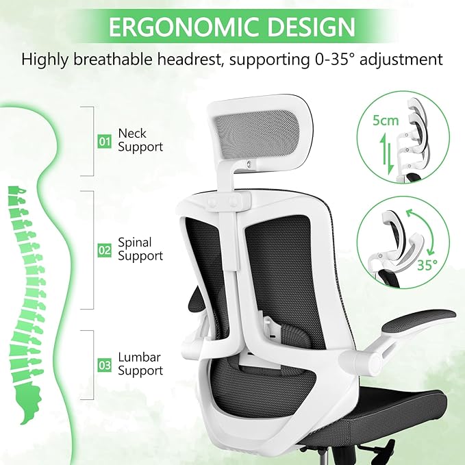 Office Desk Chair, High Back Ergonomic Comfy Offiec Chairs, Computer Mesh Chair with Folding Arms, Adjustable Headrest, Capacity 350LBS, Lumbar Support-DeskLoop Office