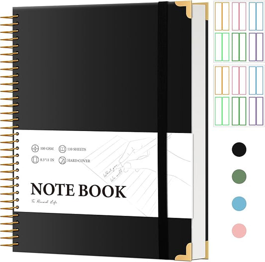 FLYING EAGLE Black Spiral Notebook College Ruled 8.5 X 11 with Tab Stickers Large Hardcover Notebooks for School Supplies A4 Note Book Journal Notebooks for Work Note Taking Office, 200 Pages-DeskLoop Office