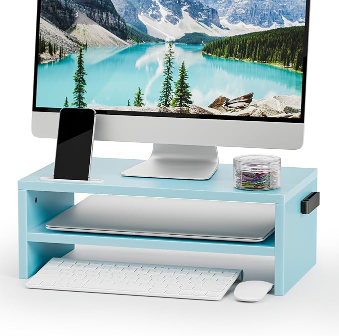 Marbrasse Monitor Stand Riser, 16.5 Inch 2 Tier Computer Printer Shelf Stand for Laptop Computer Screen Storage, Desktop Stand with Phone Holder and Cable Management (Blue)-DeskLoop Office