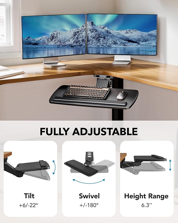 HUANUO Keyboard Tray Under Desk, 360 Adjustable Under Desk Keyboard Tray Slide Out, Ergonomic Pull Out Keyboard Tray Under Desk, 25"W x 9.84"D-DeskLoop Office