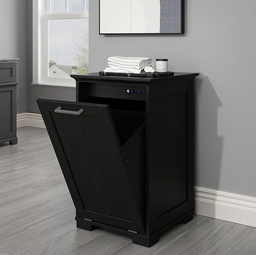 OLD CAPTAIN Wooden Tilt Out Trash Cabinet, Wooden Kitchen Garbage Can Free Standing Holder, Black Finish…-DeskLoop Office