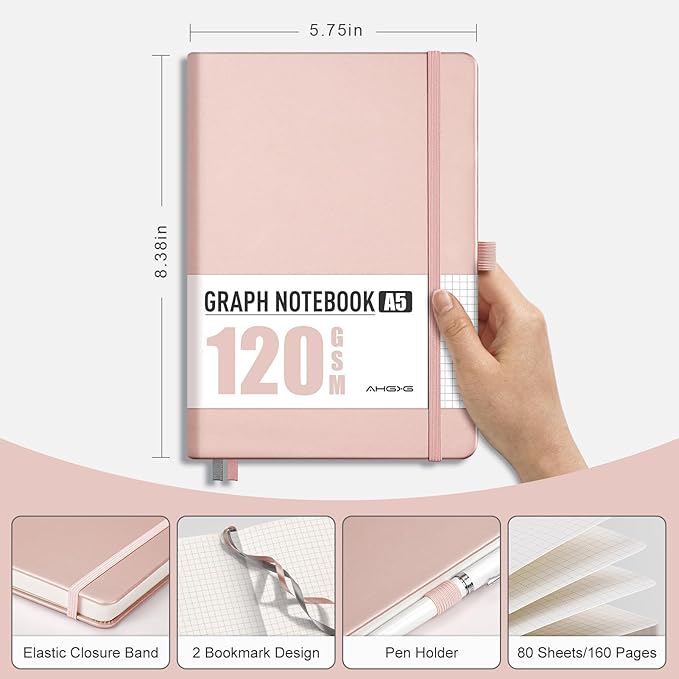 AHGXG Graph Paper Notebook - Grid Notebook Journal A5, 120 GSM Thick Graph Paper, 160 Pages, Leather Hardcover, for Graphing, Writing, Math, Engineering, 5.75'' × 8.38''- Rose Gold-DeskLoop Office