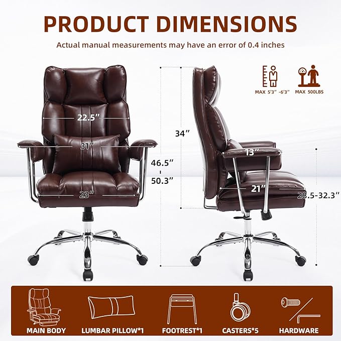 Big and Tall Office Chair 500lbs Wide Seat Executive Office Desk Chair High-Back Office Task Chair, Ergonomic Lumbar Support Computer Office Chairs for Heavy People(Brown)-DeskLoop Office