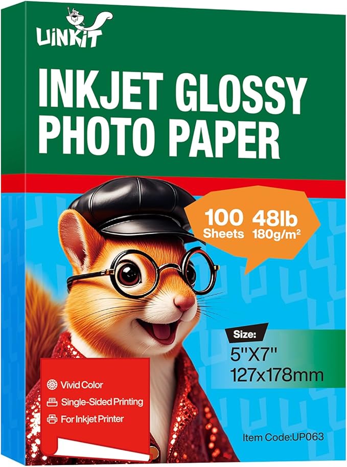 Uinkit Premium Glossy Inkjet Photo Paper - 5x7 Inch, 48lb 180gsm, 100 Sheets - Professional Photographic Quality, Dye Ink Compatible, High-Gloss Finish for Stunning Portraits & Art Prints-DeskLoop Office
