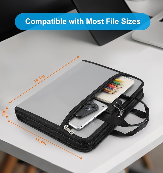 Accordion File Organizer with Lock, Fireproof, Letter/A4-Size Expanding File Folder with Tabs, 13 Pockets Important Document Organizer with Handle, Portable Paperwork Business Organizer, Silver-DeskLoop Office
