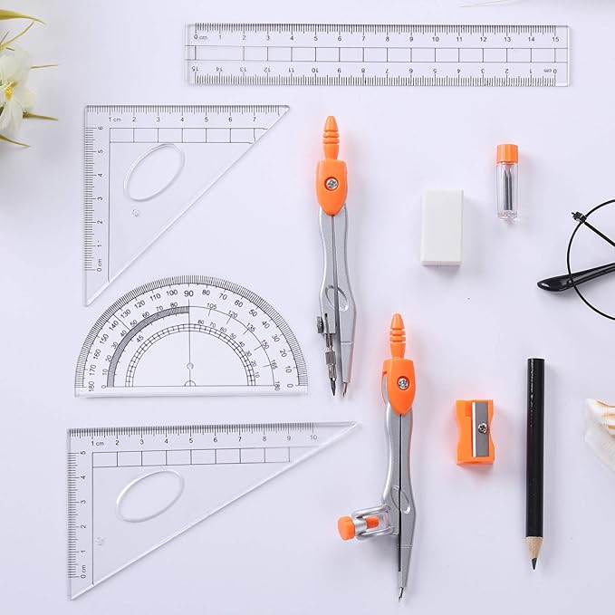 Math Geometry Kit Sets 10 Piece Student Supplies with Shatterproof Storage Box,Includes Rulers,Protractor,Compass,Eraser,Pencil Sharpener,Lead Refills,Pencil,for Drafting(Orange)-DeskLoop Office