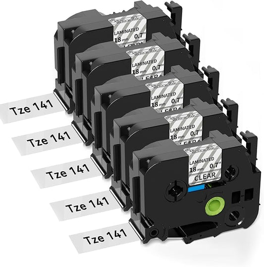 Tze-141 18mm 0.7inch Laminated Clear Tape Compatible for Brother PT-D400 Label Maker Tape Clear, TZ-141 Tze 18mm 3/4inch for Brother P-Touch PT-D600, PT-D410, PT-D610BT Label Maker, 5 Pack-DeskLoop Office