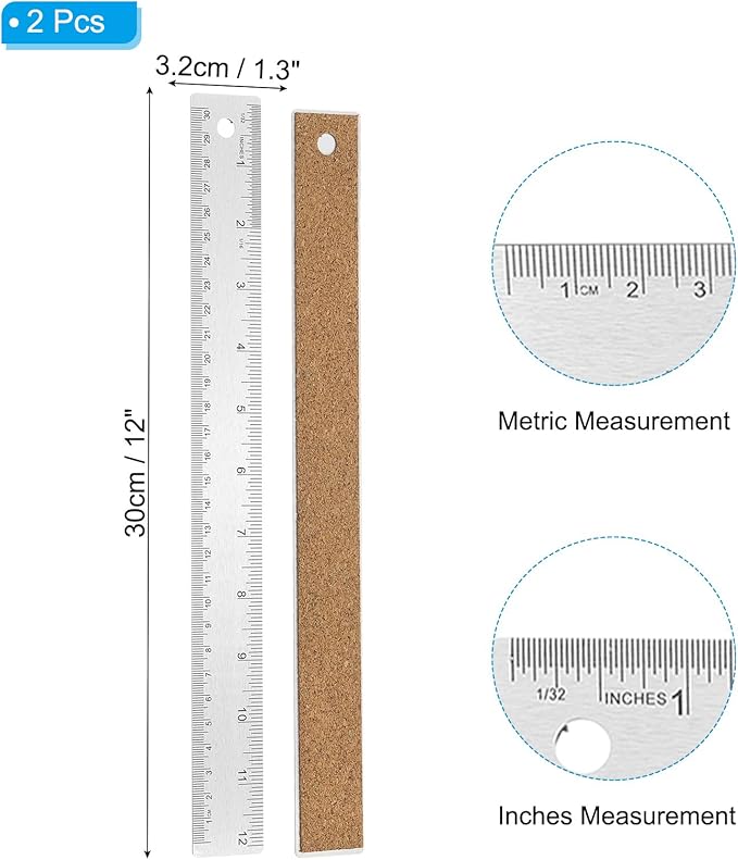 PATIKIL 12 Inch Stainless Steel Ruler Straight Edge Ruler, 2 Pcs Cork Backing Non-Slip Metal Ruler with Inches Centimeter Metric Measuring Tools for Office-DeskLoop Office