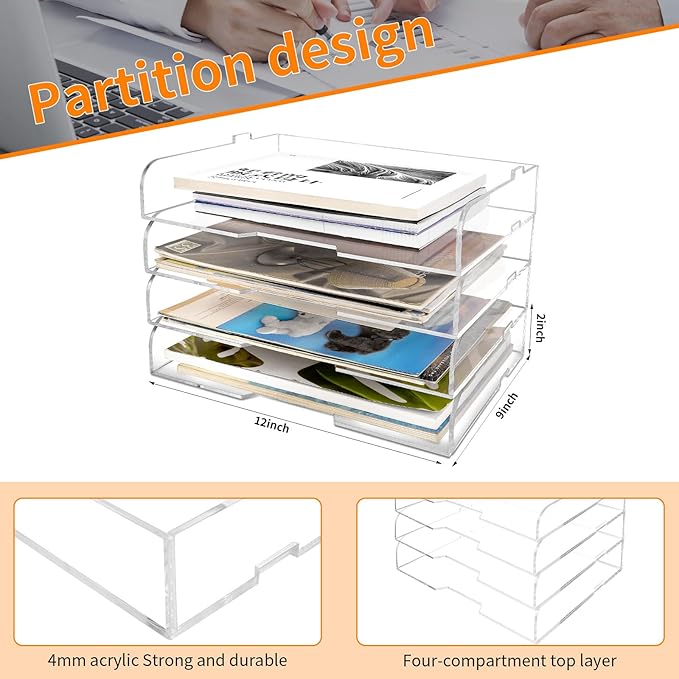 4 Pack- Stackable Paper Letter Tray,Clear Acrylic Magazine Holder and File Organizer - Sleek Desk Organizer for Home Office, Bookshelf, or Workspace - Space-Saving Transparent Document Holder-DeskLoop Office