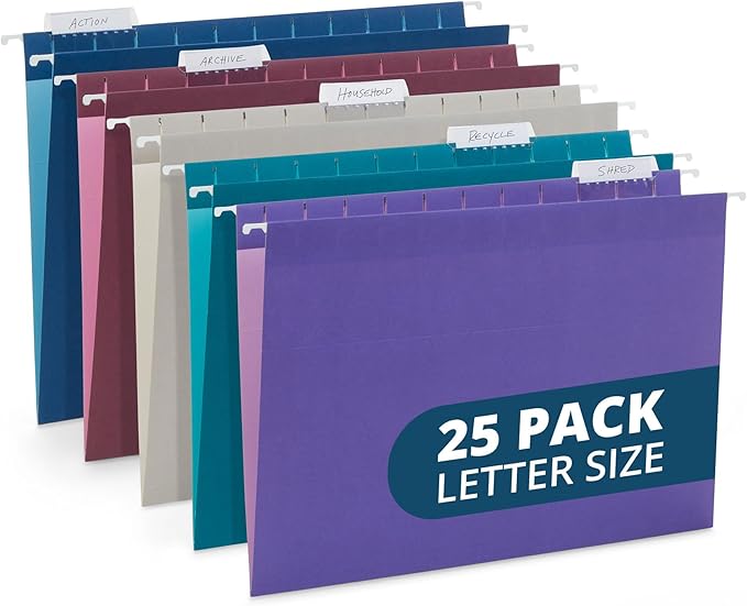 Blue Summit Supplies 25 Jewel Tone Hanging File Folders Letter Size with Tabs, Reinforced Hanging File Folders Jewel Tone, Includes Plastic Tabs and Inserts-DeskLoop Office