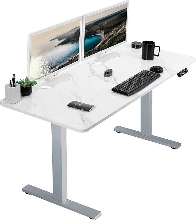 VIVO Electric Dry Erase 60 x 24 in Standing Desk, Memory Height Adjustment, 1B Series, White Marble Pattern Top, Gray Frame, DESK-KIT-1G6WM-DeskLoop Office